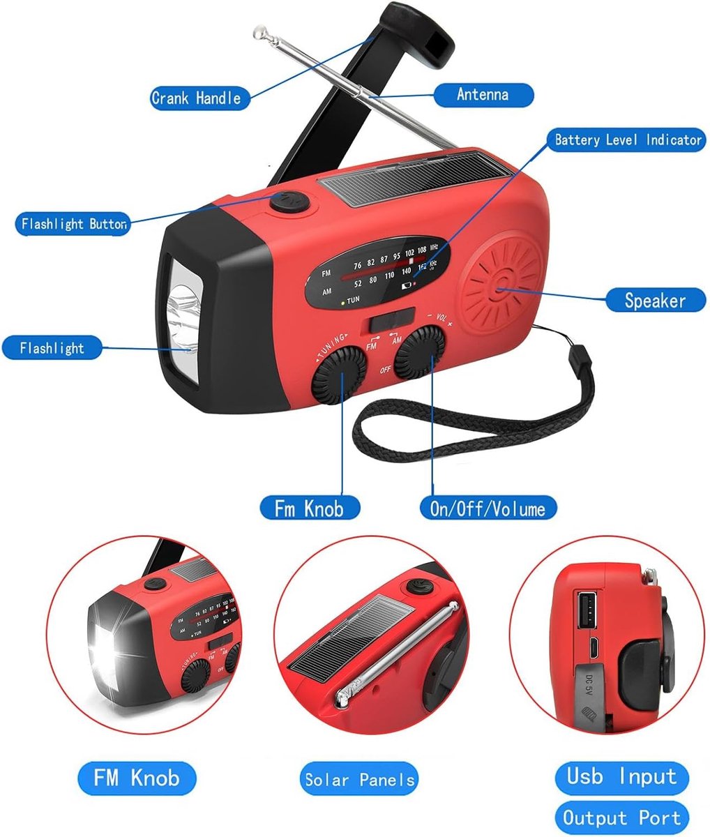 SolarSafe - Noodradio & Zaklamp op zonne-energie en opwindbaar! 2000mAh