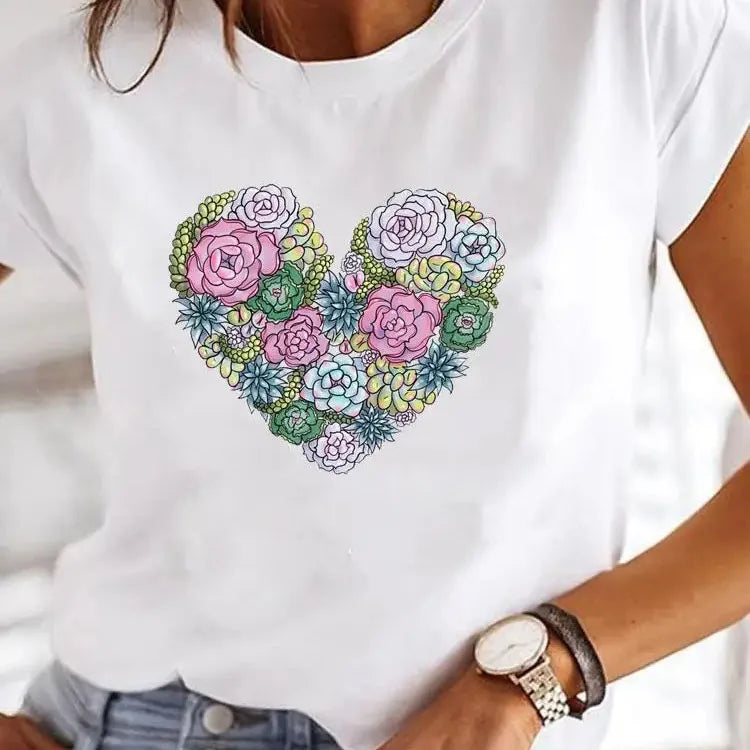 Dames T-Shirt met Hartjesprint - Casual O-Hals Korte Mouwen Top voor Lente/Zomer 6