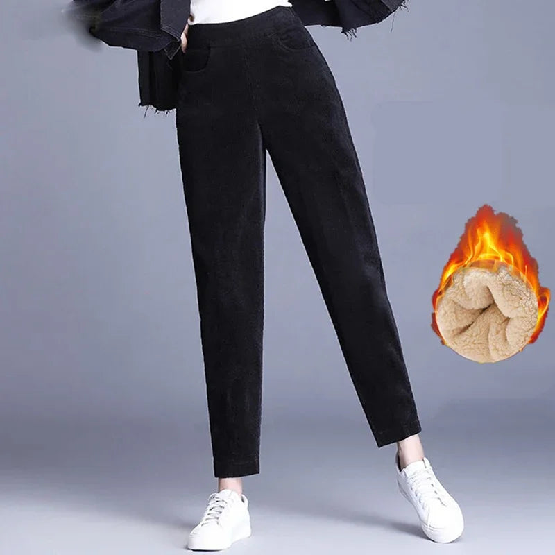Dikke Casual Corduroy Broeken Dames – Hoge Taille Harem Pantalon voor Herfst en Winter 2