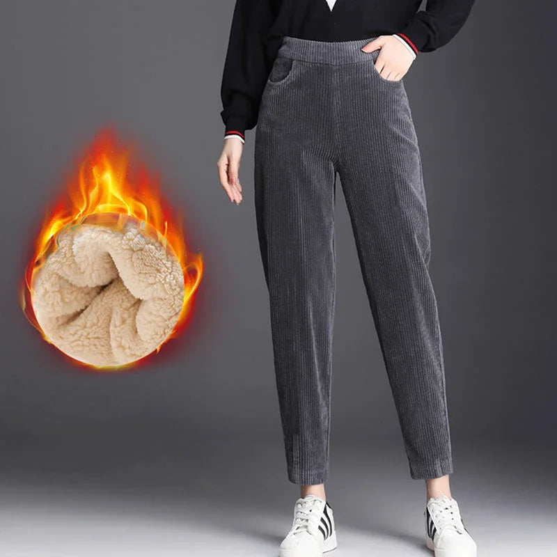 Dikke Casual Corduroy Broeken Dames – Hoge Taille Harem Pantalon voor Herfst en Winter 3