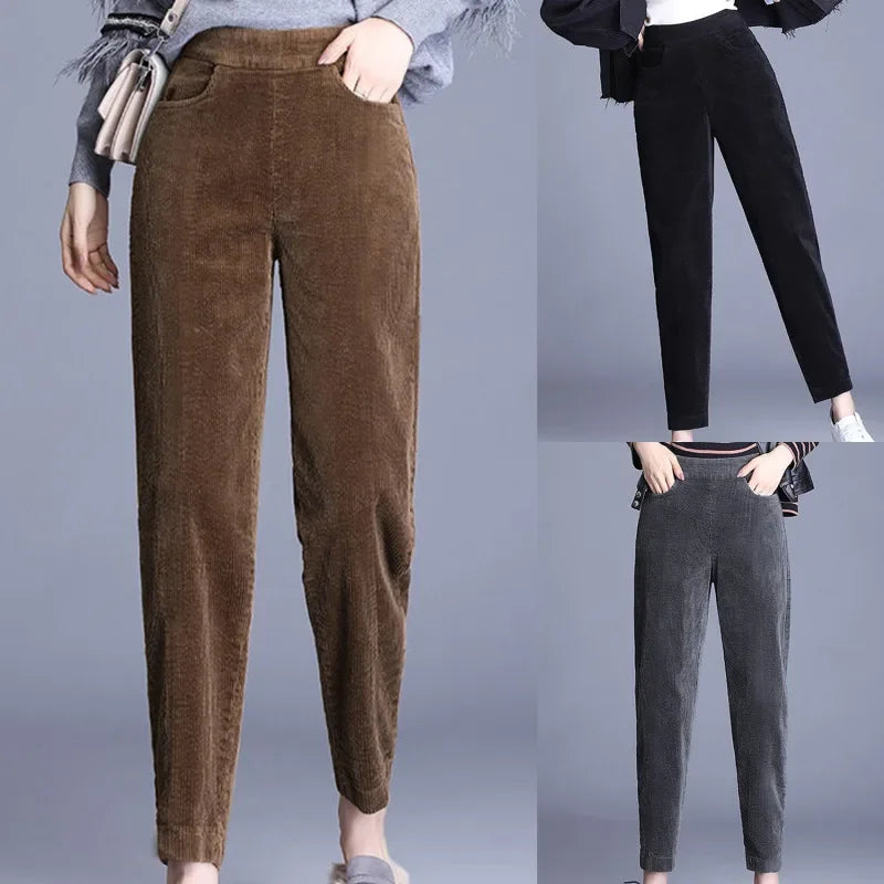 Dikke Casual Corduroy Broeken Dames – Hoge Taille Harem Pantalon voor Herfst en Winter 4