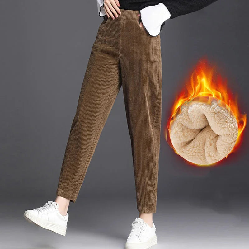 Dikke Casual Corduroy Broeken Dames – Hoge Taille Harem Pantalon voor Herfst en Winter 6