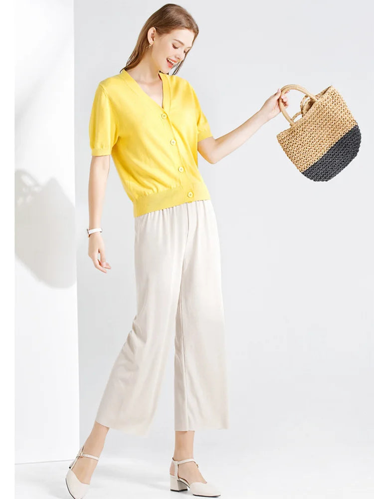 Wijde Broek Dames met Elastische Taille - Ankel-Lange Wijde Pijpen voor Casual Zomerlook 1