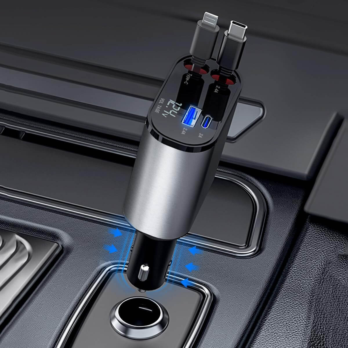 4-in-1 Uitschuifbare Auto Oplader - Razendsnel opladen onderwerg!