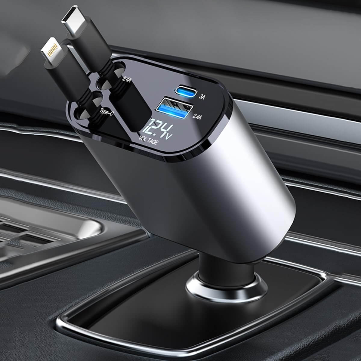 4-in-1 Uitschuifbare Auto Oplader - Razendsnel opladen onderwerg!