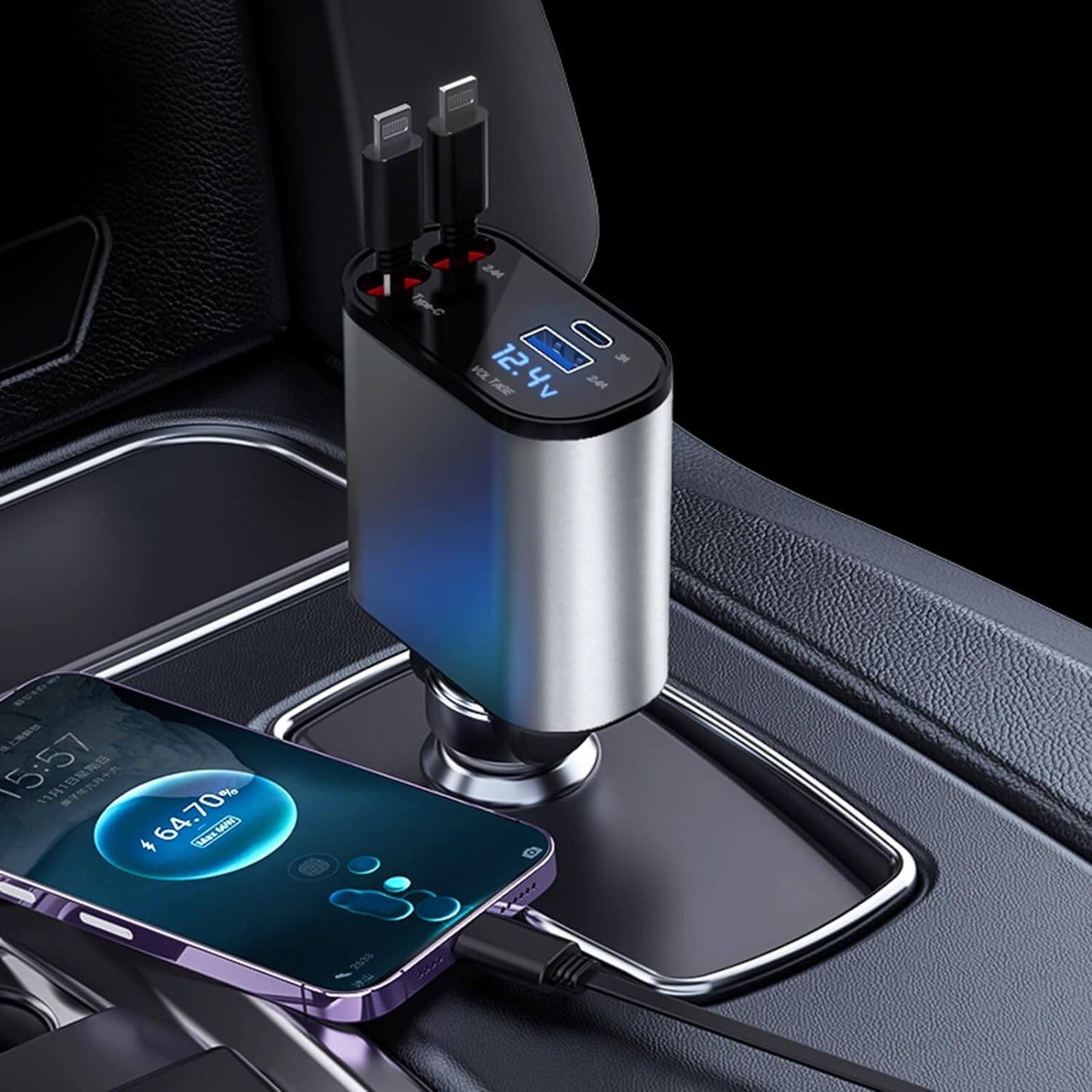 4-in-1 Uitschuifbare Auto Oplader - Razendsnel opladen onderwerg!