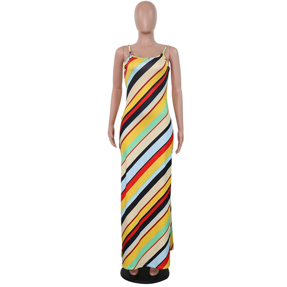 Regenboog Streep Spaghetti Strap Maxi Jurk