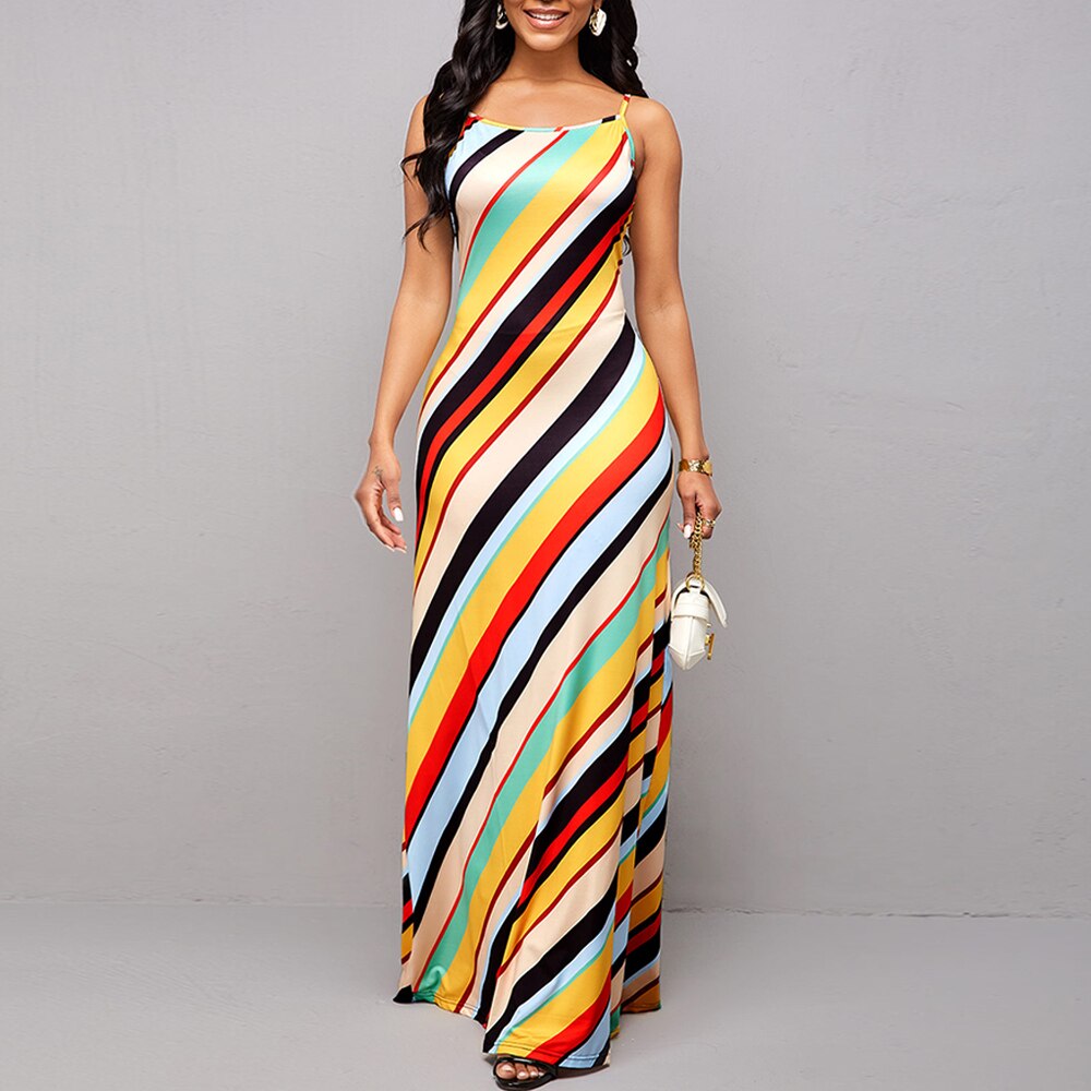 Regenboog Streep Spaghetti Strap Maxi Jurk