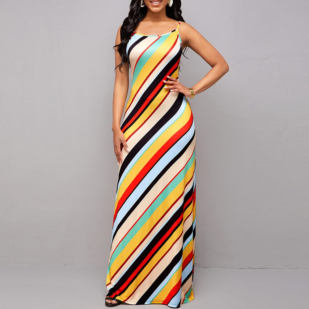 Regenboog Streep Spaghetti Strap Maxi Jurk