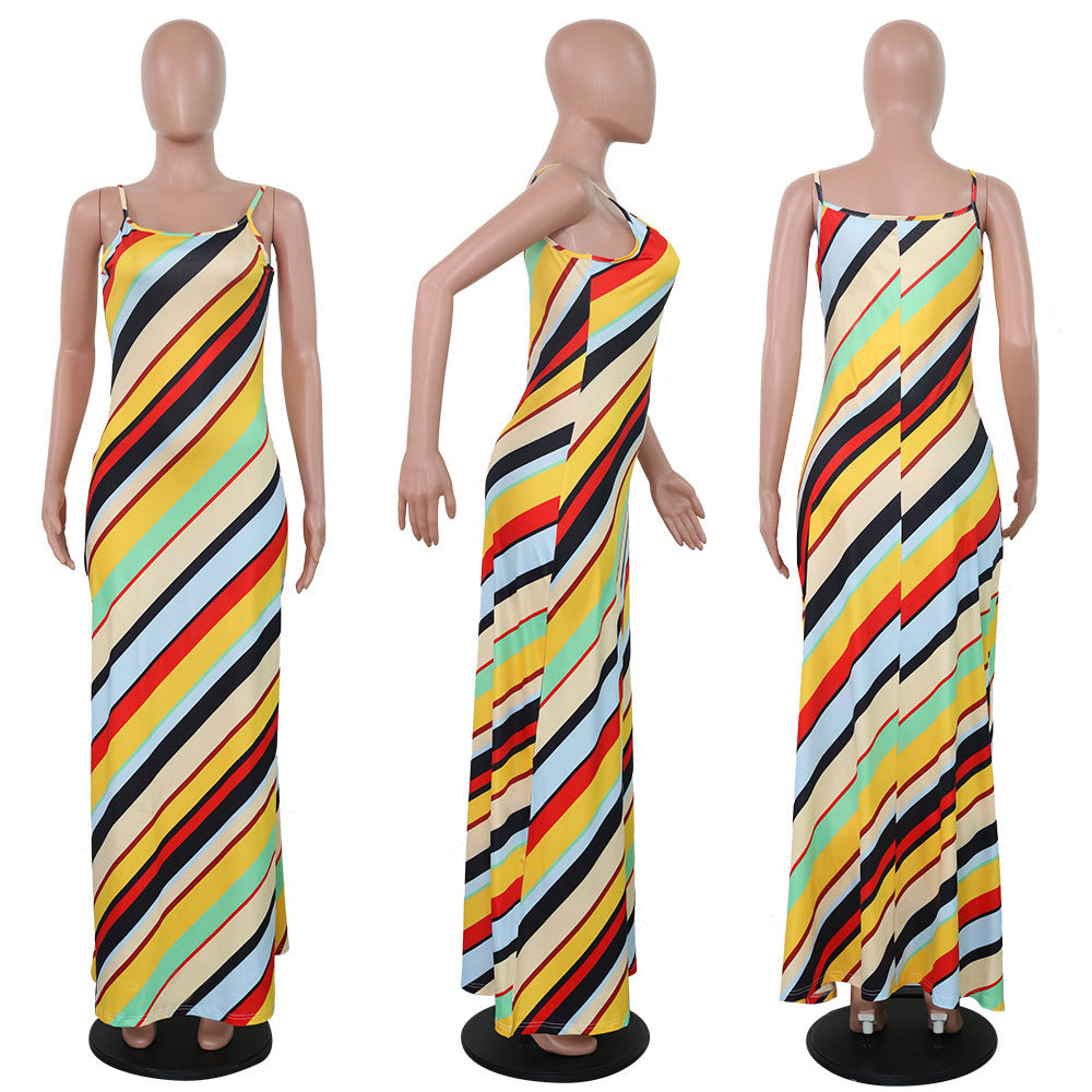 Regenboog Streep Spaghetti Strap Maxi Jurk