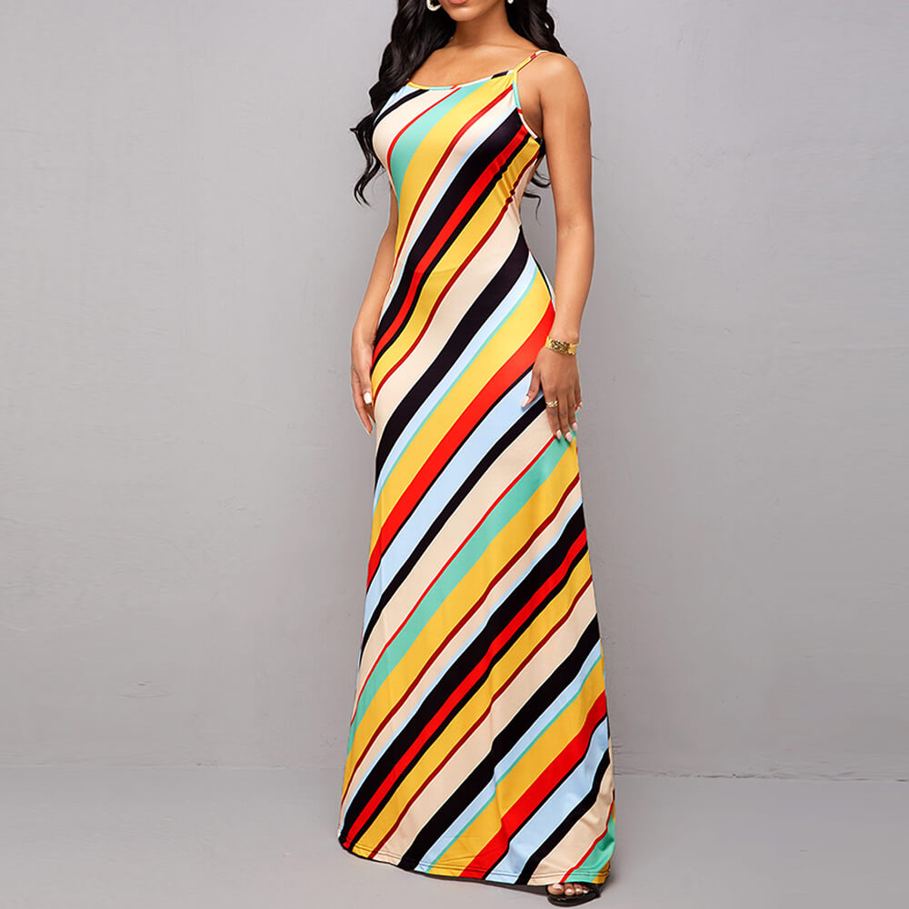 Regenboog Streep Spaghetti Strap Maxi Jurk