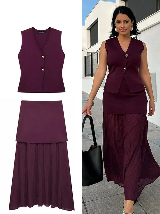 Dames Rokset met V-Hals en Hoge Taille – Gebreid Slim Fit Mouwloos Vest en Lange Rok 0