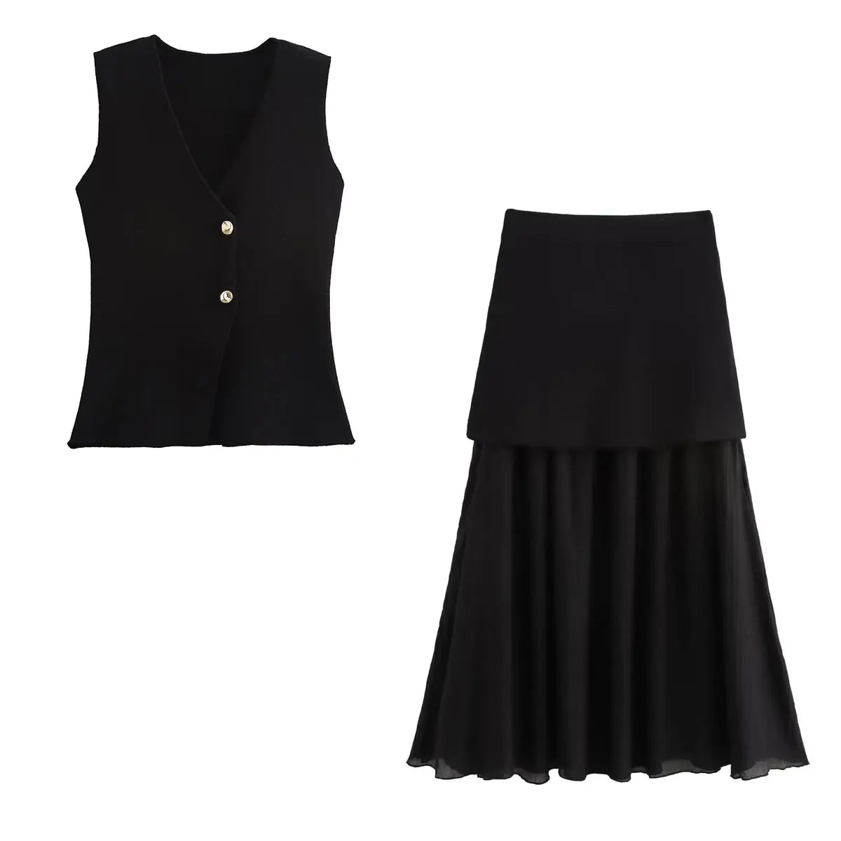 Dames Rokset met V-Hals en Hoge Taille – Gebreid Slim Fit Mouwloos Vest en Lange Rok 14
