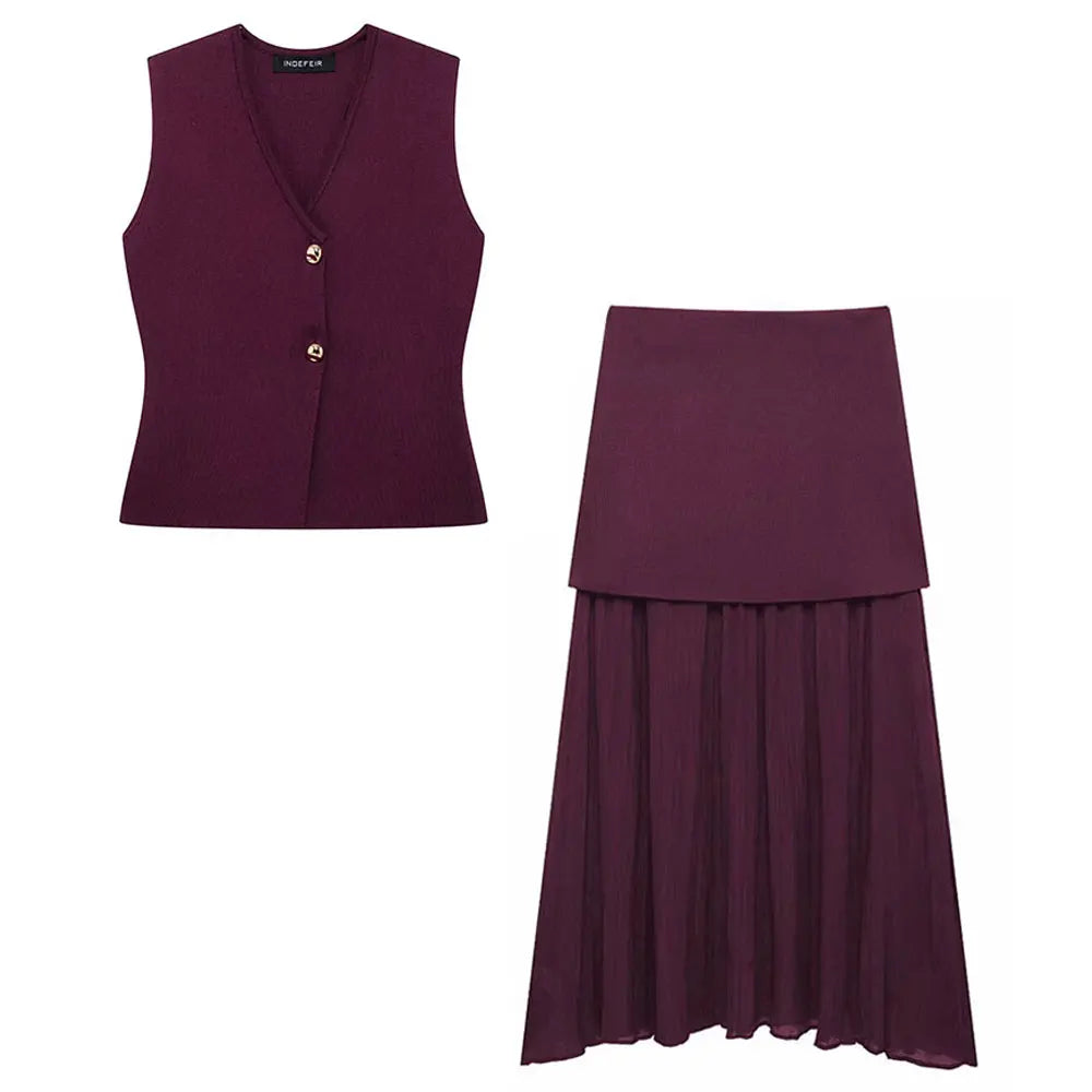 Dames Rokset met V-Hals en Hoge Taille – Gebreid Slim Fit Mouwloos Vest en Lange Rok 18