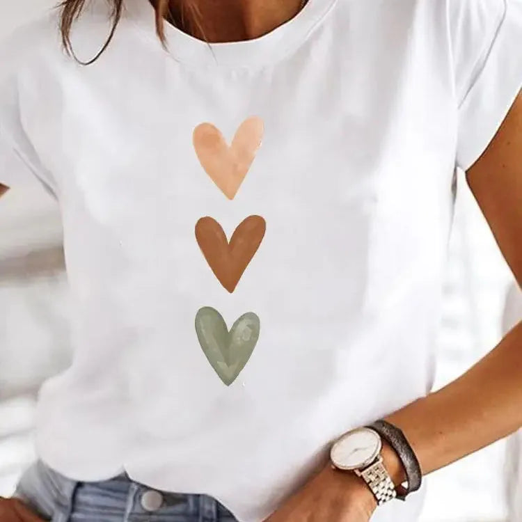 Dames T-Shirt met Hartjesprint - Casual O-Hals Korte Mouwen Top voor Lente/Zomer 2