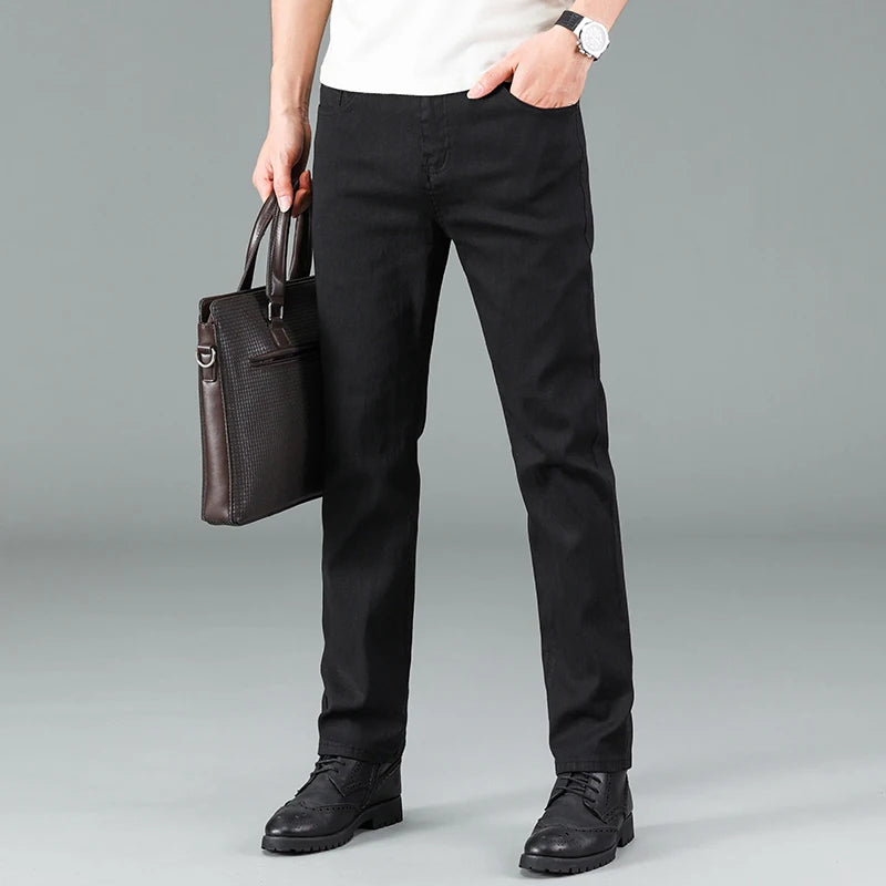Trendy Zwarte Heren Jeans - Comfortabele Elastische Straight Fit Spijkerbroek voor Casual en Zakelijke Gelegenheden-2