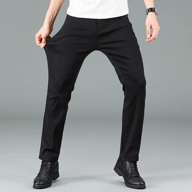 Trendy Zwarte Heren Jeans - Comfortabele Elastische Straight Fit Spijkerbroek voor Casual en Zakelijke Gelegenheden-4