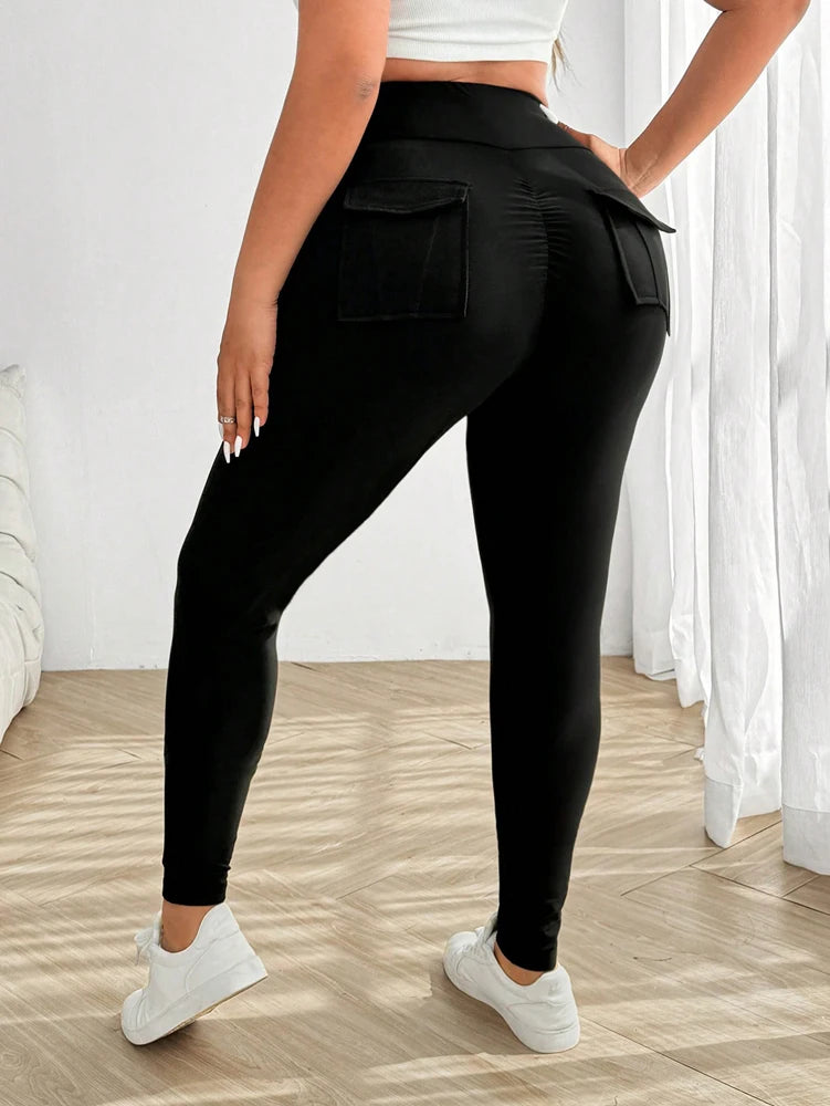 Plus Size Zwarte Sportlegging Dames High Waist met Zakken voor Yoga en Fitness – Comfortabele Polyester Sportlegging-2