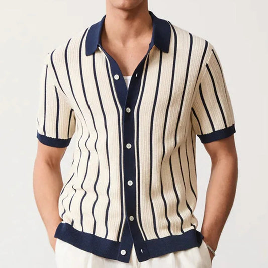 Gestreept Poloshirt Heren met Hollow Out Design – Casual Katoenen Polo Shirt voor Zomeruitjes-1