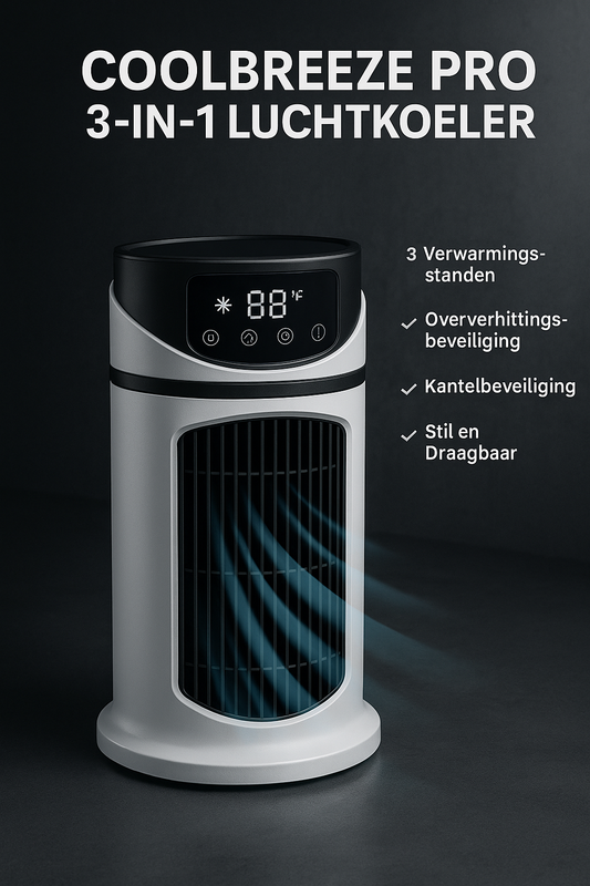 CoolBreeze Pro 3-in-1 Draagbare Luchtkoeler| Waterkoeling & Stoffilter | Thuis & Kantoor