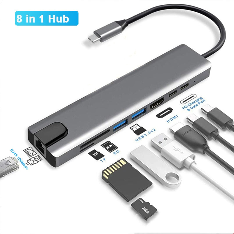 8-in-1 USB C-Hub Multipoort-Adapter